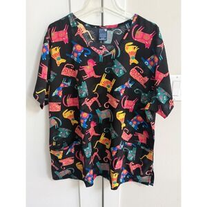 Zoe + Chloe Women 2XL Black Multi Color Cat Dog Print Scrub Top V-Neck Z18213